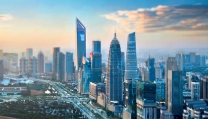 A vibrant city skyline at sunset, showcasing modern architecture and tall skyscrapers against a colorful sky.