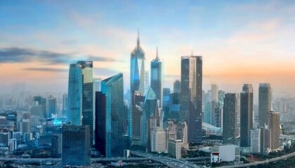 Fototapeta premium A stunning skyline view featuring modern skyscrapers against a colorful sunset backdrop, showcasing urban architecture and city life.