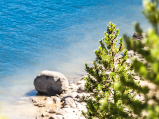 Blue Water and Rocky Coast with Green Trees Shadow Mountain Lake Colorado