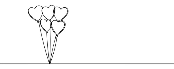 Heart balloons drawing with one continuous line. Cute symbol love. Hand draw outline isolated on white background. Drawing line art prints. Wedding or valentines day design. Vector illustration