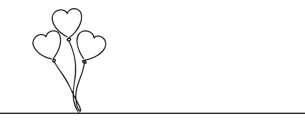 Heart balloons drawing with one continuous line. Cute symbol love. Hand draw outline isolated on white background. Drawing line art prints. Wedding or valentines day design. Vector illustration