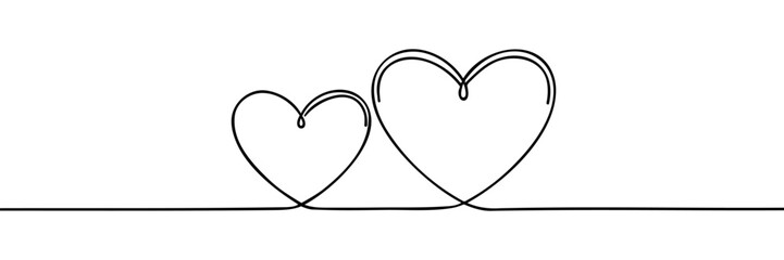 Two hearts, continuous one line drawing. Valentine's Day concept. Hearts pair trendy minimalist illustration. Minimalist outline art. Vector