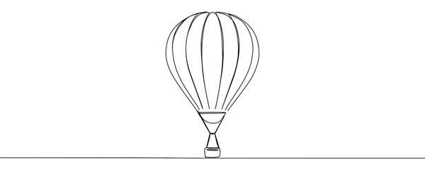 Hot air balloon in One continuous line drawing. Travel flying on aerostat in sky logo and divider concept in simple linear style. Editable stroke. Doodle vector illustration