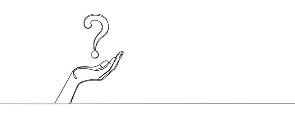 Question mark in a hand one line art, hand drawn asking signs, continuous contour. Query FAQ concept, finding the answer. Isolated. Vector illustration