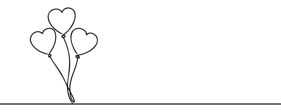 Heart balloons drawing with one continuous line. Cute symbol love. Hand draw outline isolated on white background. Drawing line art prints. Wedding or valentines day design. Vector illustration