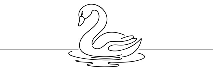 Single continuous line drawing a swan is gracefully swimming in a wetland. © Vasyl Yurlov