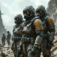 Futuristic Sci-Fi Exploration Squad in High-Tech Suits in a Rugged Alien Landscape