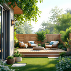 A Serene and Inviting Outdoor Patio Retreat Surrounded by Lush Greenery and Natural Light