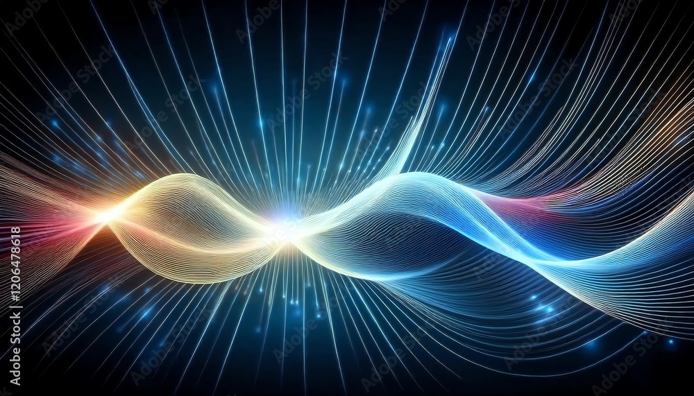Poster abstract waves of light in vibrant colors, depicting movement and energy against a dark background, 