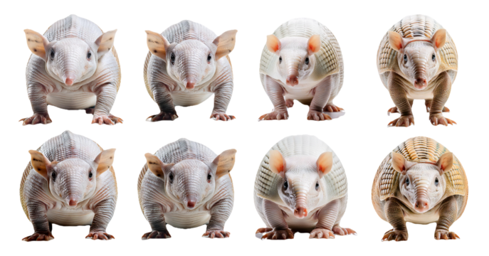 Multiple armadillos in different poses and angles isolated on transparent background
