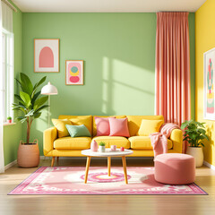Vibrant and Cheerful Living Room Featuring Colorful Decor and Green Accents in Modern Design