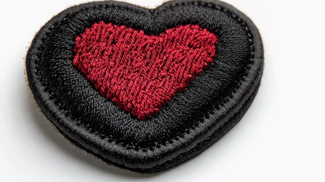 Heart-shaped embroidered patch in black and red on a white background showcasing detailed craftsmanship