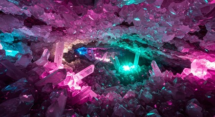 A crystal cave reflecting prismatic colors from hidden light sources