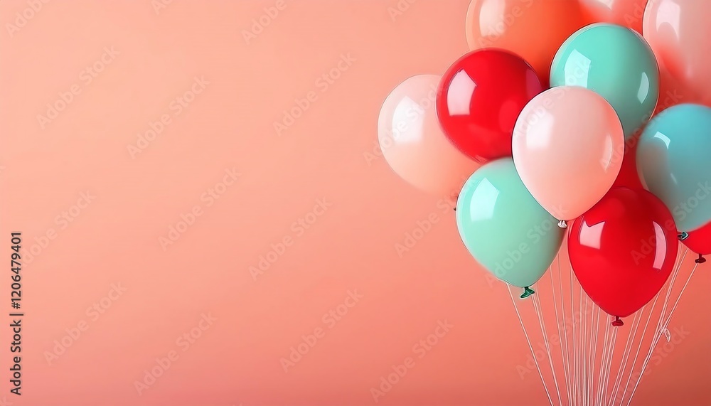 Poster a vibrant collection of colorful balloons floating against a soft peach background, creating a festi