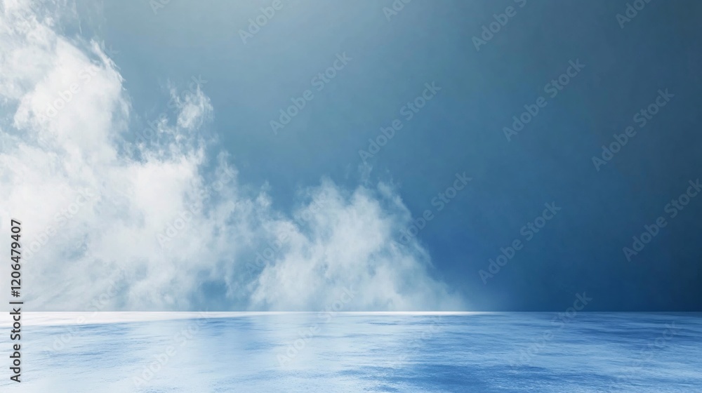 Poster light blue studio background with clouds and floor reflecting sky