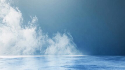 Obraz premium Light blue studio background with clouds and floor reflecting sky