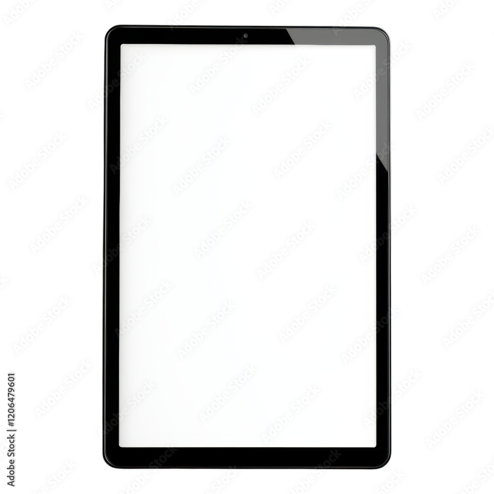 Poster modern black tablet computer with blank white screen isolated transparent background for mockup