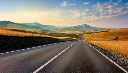 A scenic road stretches into the distance, flanked by rolling hills and golden grass under a bright sky.