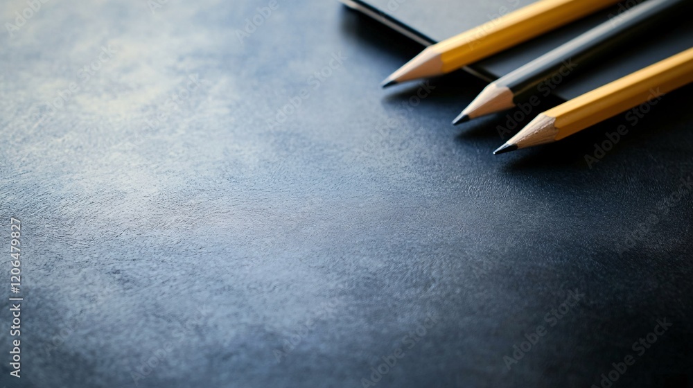 Poster pencils and notebook resting on dark desktop with copy space