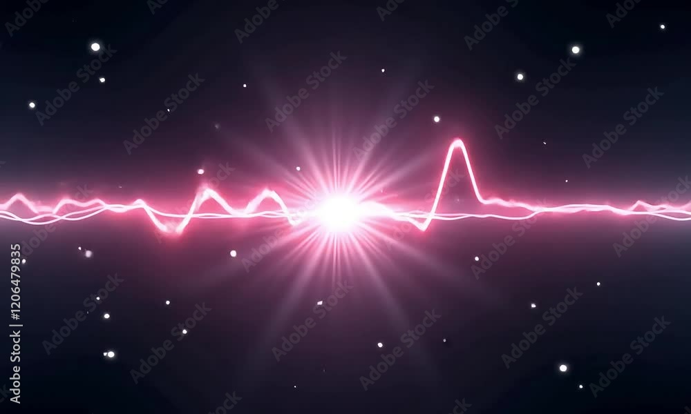 Poster dynamic pink waveform pulse with burst of light on dark cosmic background abstract physics illustrat