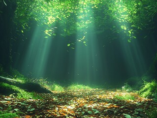 Obraz premium Rainforest floor covered with fallen leaves fungi and decaying logs teeming with insects and small creatures in the dim light beneath the towering canopy