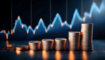 A stack of coins against a background of a rising financial graph, symbolizing growth and investment opportunities.