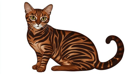 Striking Bengal Cat:  A magnificent Bengal cat with a captivating striped pattern sits gracefully, its piercing gaze and curled tail adding a touch of feline charm.  