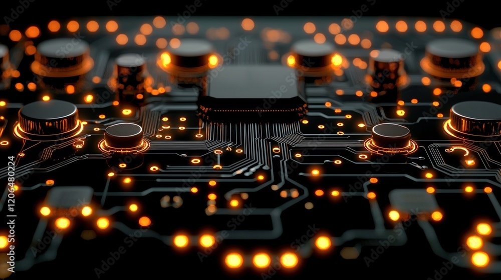 Poster illuminated circuit board: a close-up view of complex technological interconnections