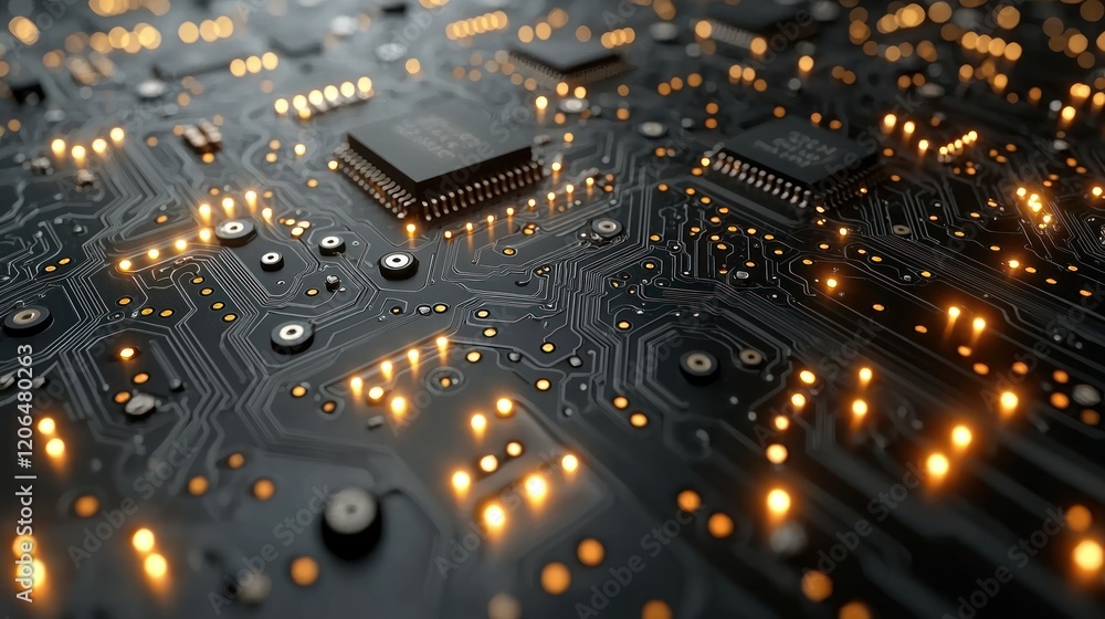 Poster illuminated circuit board: a detailed view of complex technological interconnections