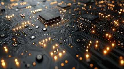 Obraz premium Illuminated Circuit Board: A Detailed View of Complex Technological Interconnections