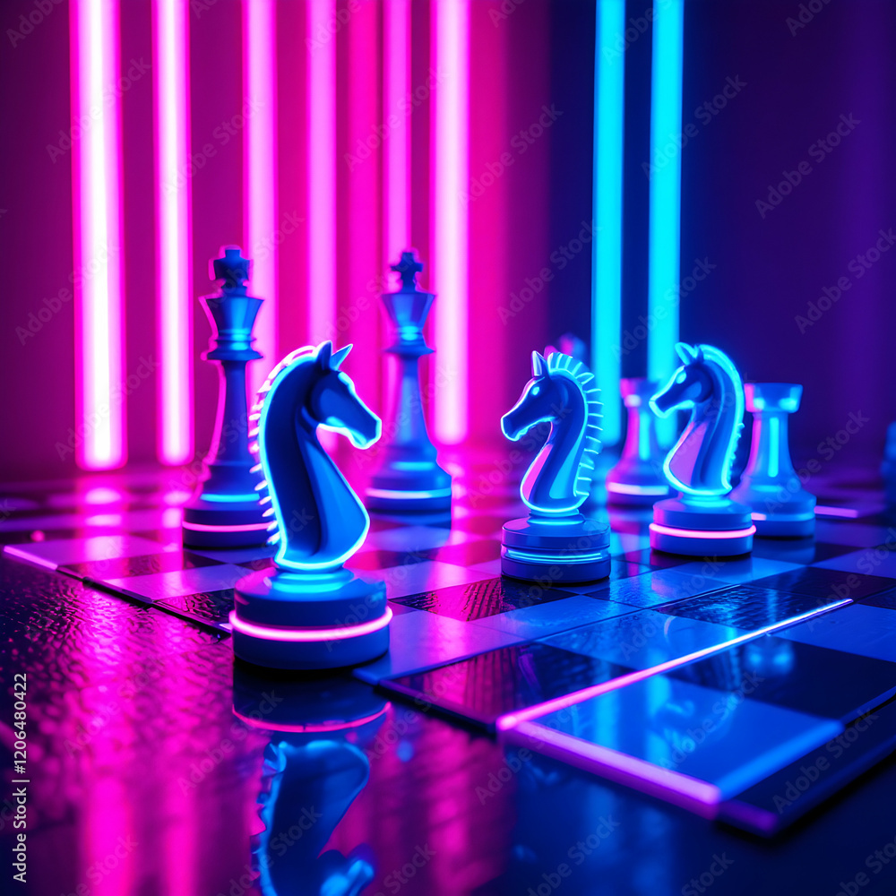 Poster illuminated chess set with neon blue and pink lights creating a dynamic atmosphere during a modern g