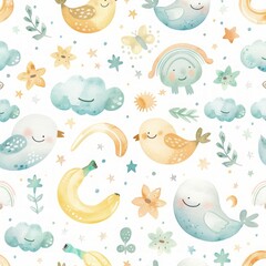Seamless kids pattern with watercolor baby little banana drawing illustration on white background