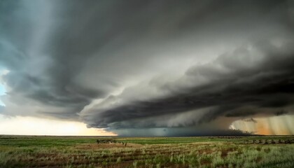 A dramatic stormy sky looms over a vast landscape, filled with dark clouds and an impending sense of turbulence.