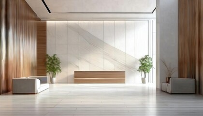 Fototapeta premium A modern, minimalist interior featuring wooden accents, elegant furnishings, and plants, creating a serene and spacious atmosphere.
