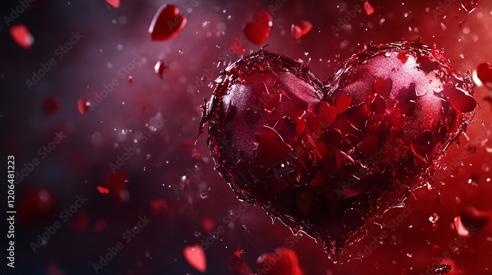 Poster Red heart exploding with petals floating around creating a romantic atmosphere