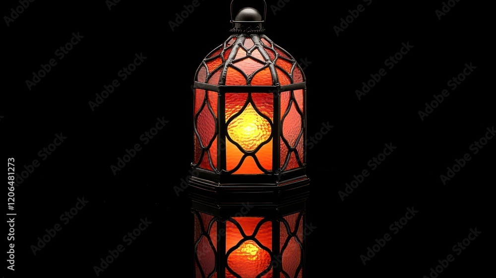 Poster illuminated lantern with warm glow and intricate design on reflective surface