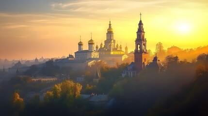 Fototapeta premium Golden Sunset Over a Hilltop Monastery Complex