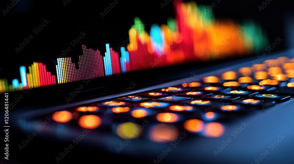 Poster illuminated laptop keyboard displaying vibrant financial data visualizations
