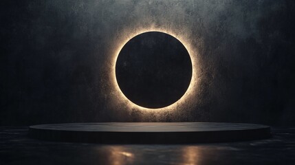 Empty round podium illuminated by backlit circle on dark concrete wall in studio