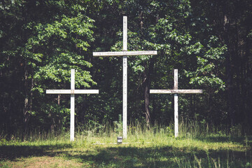 Good Friday Three Wooden Crosses with Flowers in a Field