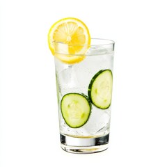Fototapeta premium A refreshing gin fizz with lemon twist and cucumber slice, displayed on an isolated white background, pop art style
