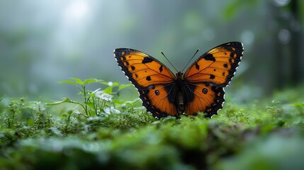 Obraz premium Orange Butterfly on Moss in Misty Forest: A Close-Up of Nature's Beauty