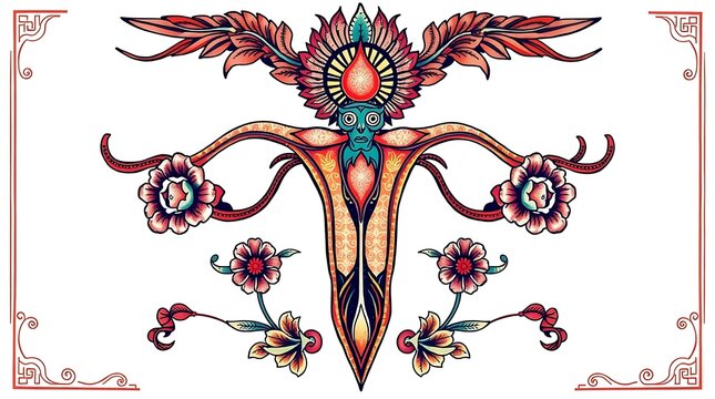 Ornate floral yoni symbol with wings.