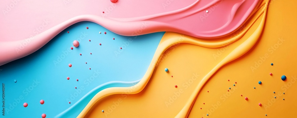 Poster colorful abstract waves flowing over vibrant background with small spheres