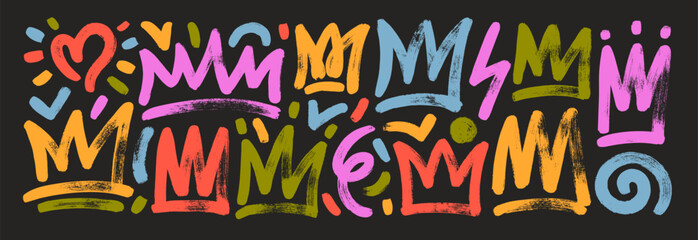 Naklejka premium Collection of colored brush drawn crowns, heart and squiggles. Hand drawn abstract geometric forms, funky crowns.