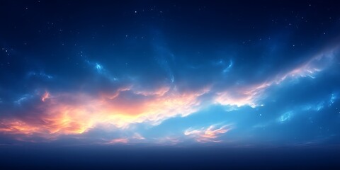 Naklejka premium Dramatic twilight sky with vibrant clouds and stars.