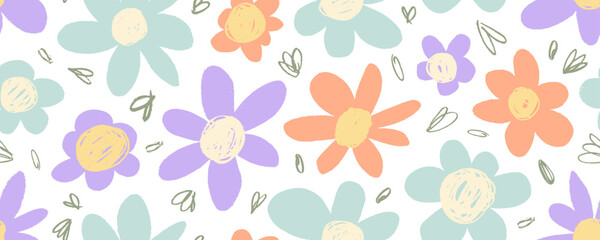 Colorful crayon drawn funky daisy seamless pattern. Abstract groovy daisy vector flowers.