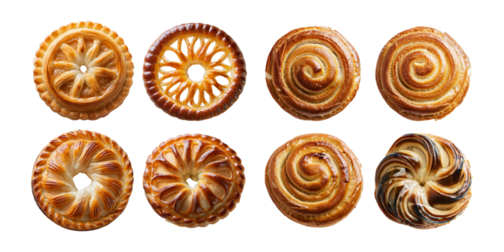 A set of beautifully crafted, golden-brown pastries featuring intricate designs and patterns, perfect for bakery or food-themed projects. - Powered by Adobe