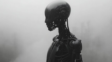 Futuristic android in foggy landscape.