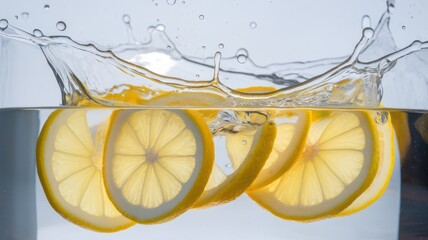 Fresh lemon slices create a splash as they are dropped into water, capturing the vibrant yellow color and dynamic movement of the scene.